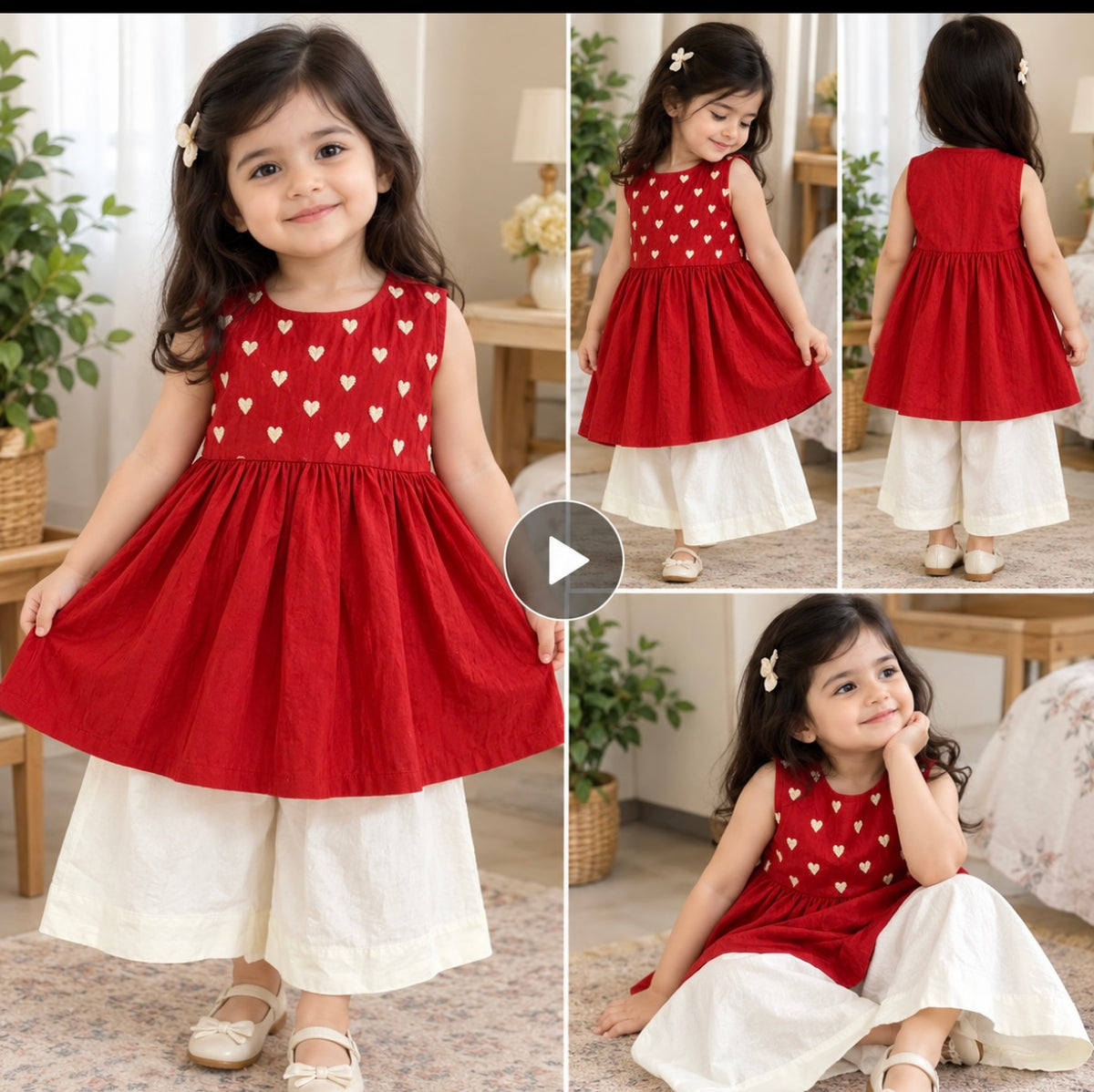 Baby Girl Handmade Red Frock | Handmade Heart Embroidery | Red Frock with White Trouser