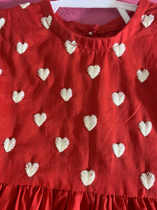 Baby Girl Handmade Red Frock | Handmade Heart Embroidery | Red Frock with White Trouser
